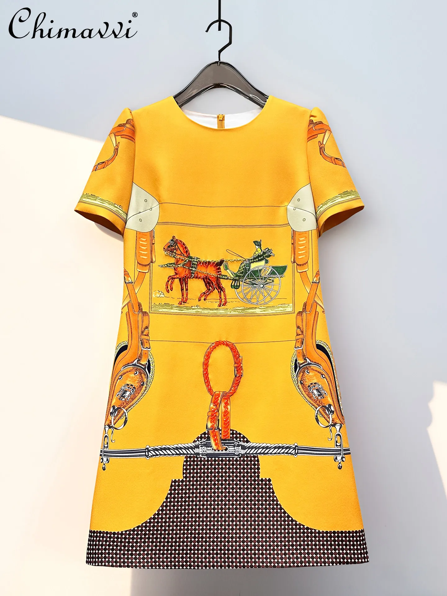 

2026 Summer New Women's Fashion Positional Print Handmade Beaded Short Dress Elegant Retro Light Luxury Slim-Fit Women's Dress