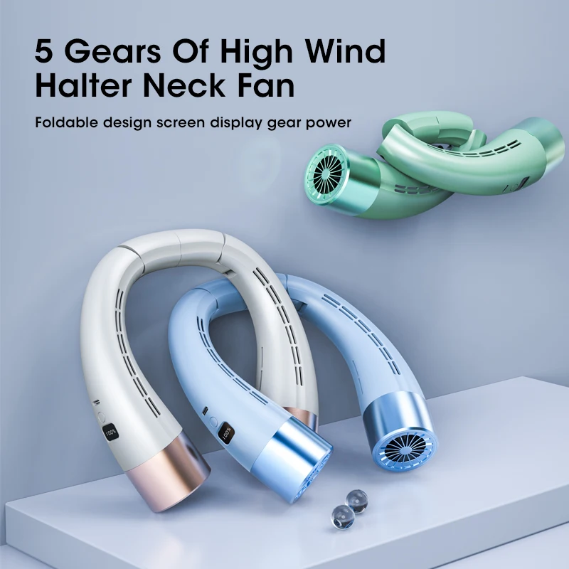 

Digital Display Vaneless Turbine Hanging Neck Fan Folding Wearable Mini Air Cooler USB Rechargeable Electric Fans 5th Gear