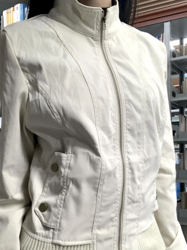 Coreia streetwear y2k chique jaqueta feminina magro casual zíper vintage outwear bolsos gola manga longa casaco 2025 outono novo