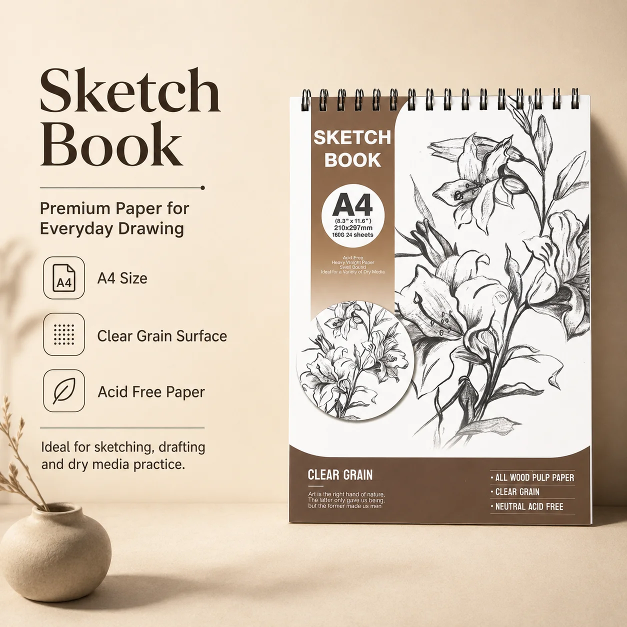 Minimalist A4 Art Sketchbook - Clean White Cover, 320g Heavyweight Acid-Free Paper - 24 Sheet Spiral Notebook for Fine Art & Design Projects