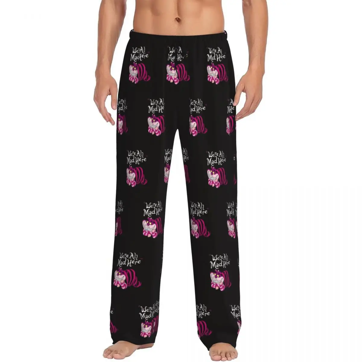 Custom Cheshire Cat Pajama Pants for Men We're All Mad Here Cat Sleepwear Lounge Sleep Bottoms Stretch with Pockets