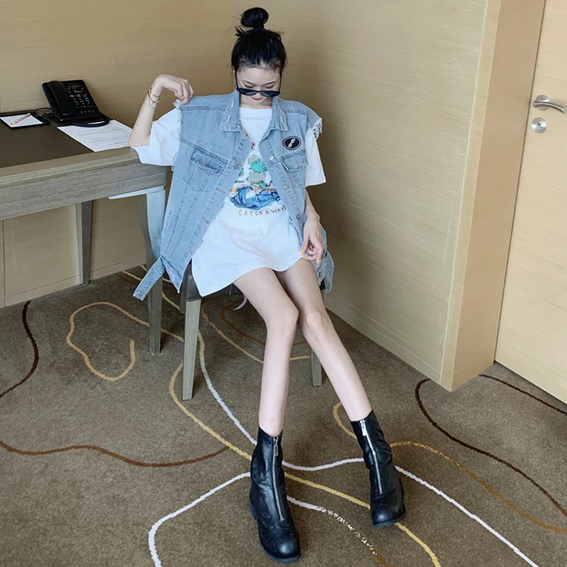 Gilet en Denim pour femmes, tendance, rue, printemps automne, ample, coussin d'épaule, Jaet Harajuku, vêtements de travail, gilet d'extérieur