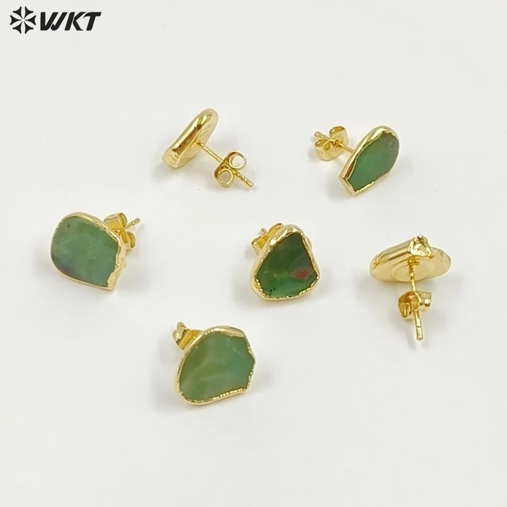 

​ Серьги WT-E263 из натурального австралийского хризопраза с зеленым камнем, позолоченные 24-каратным золотом, для женщин