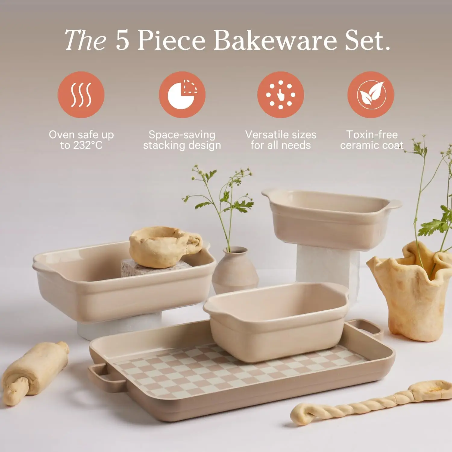 Our Place Bakeware Set 5-Piece Nonstick Toxin-Free Ceramic Stoneware Set with Oven Pan Bakers Oven Mat Space-Saving Steam