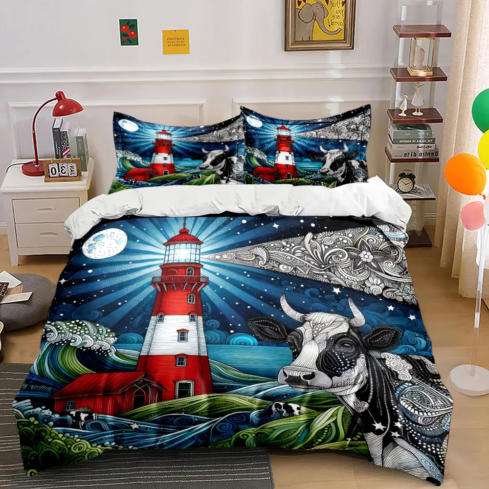 

"Artistic Lighthouse Cow Decoration Set" Bedding Set with 1 Duvet Cover 2 Pillowcases Single Double King Queen, Gift