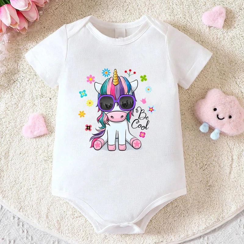 

Unicorn Be Cool Print Baby Girls Bodysuits Summer Short Sleeves Funny Print Bodysuits Infant Round Neck Pure Color Clothing