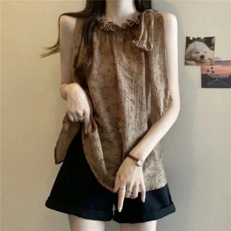 Womens Dark Blue Patterned Sleeveless Blouse Ruffled Neck Tie Detail Casual Top