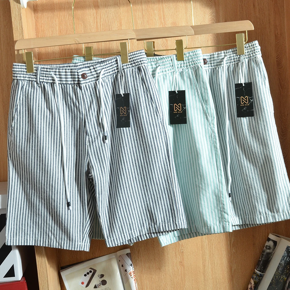 

Classic Fashion Stripes Men's Casual Cotton Linen Blend Breathable Shorts Mid-Length Pants Summer Style Loose Straight Leg