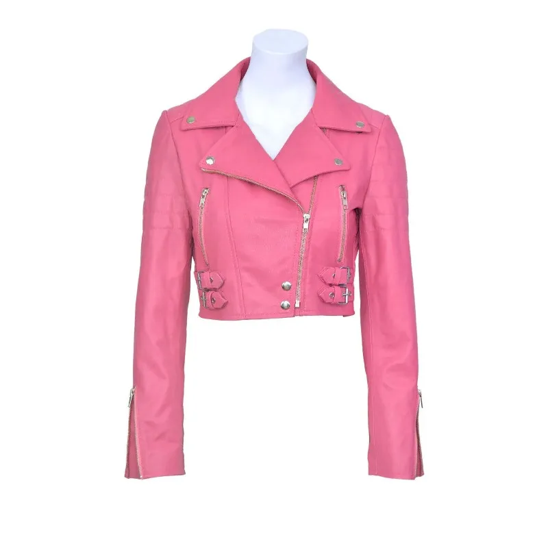 Women's Cropped Style Genuine Lambskin 100% Leather Jacket Designer Pink Outdoor