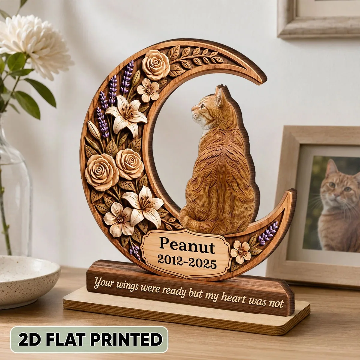 Custom Pet Picture Memorial Plaque Wooden Moon Shape Personalized Cat Name Date Sympathy Gift for Pet Loss Remembrance