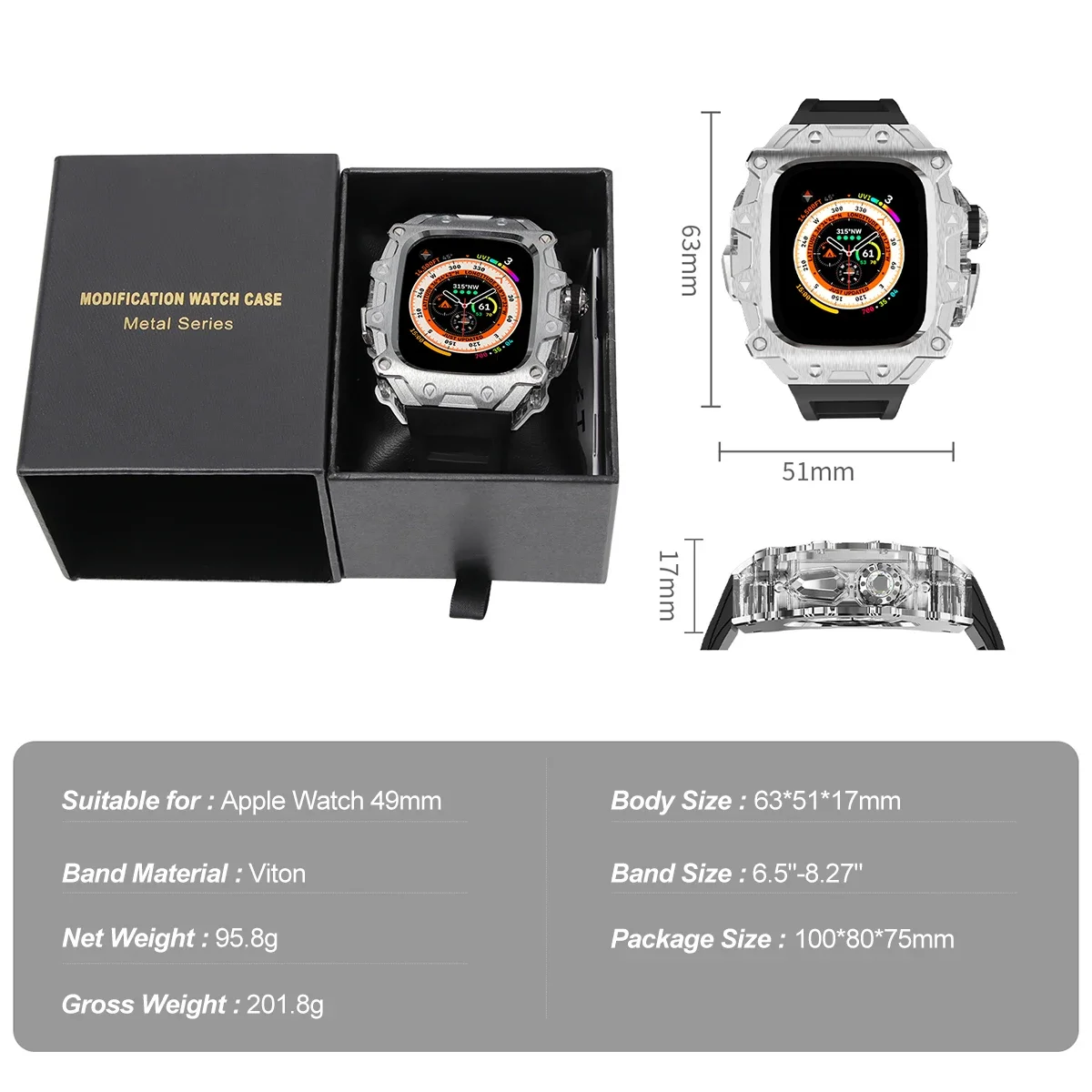 Luxury Metal Case Modification Kit for Apple Watch Band Ultra 2 49mm Stainless Steel Case Rubber Strap Iwatch Series Ultra 49mm