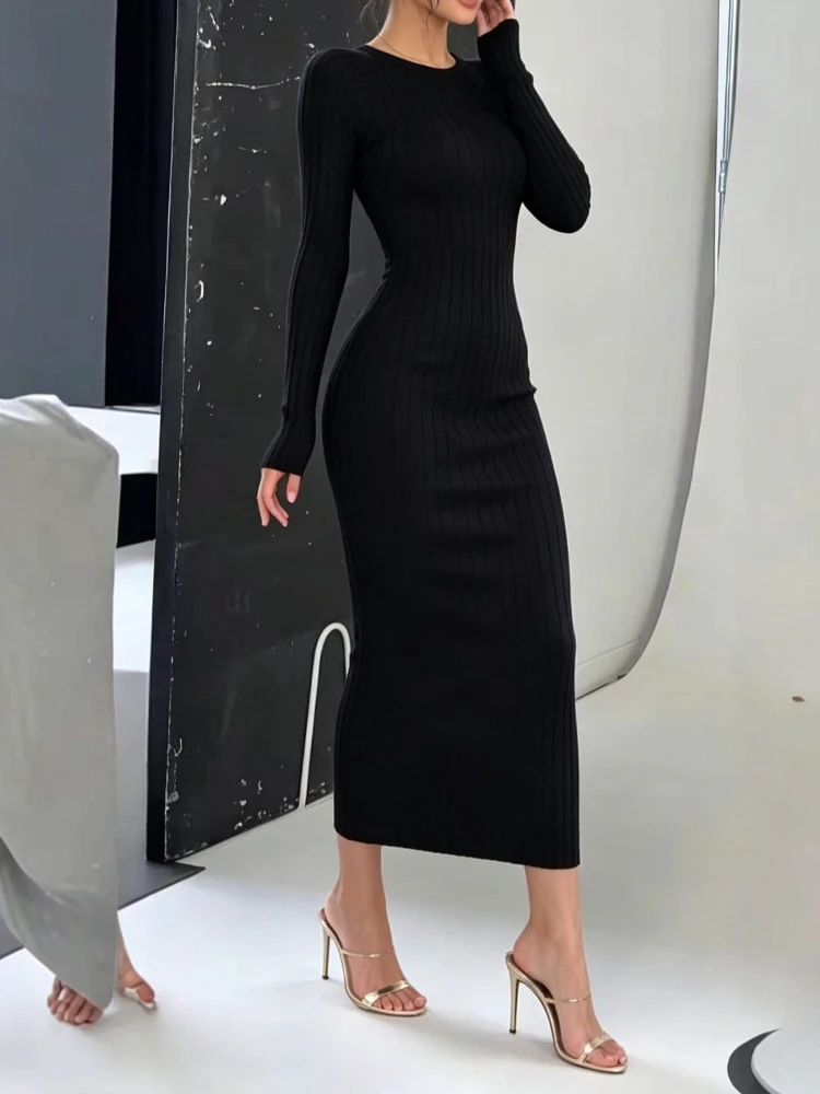 Damen Maxikleid aus geripptem Strick, langärmelig, mit Rundhalsausschnitt, elastisch, figurbetont, Pulloverkleid, einfarbig, elegant, für Partys und Freizeit, Bleistiftkleid, langes Kleid – Detail 4