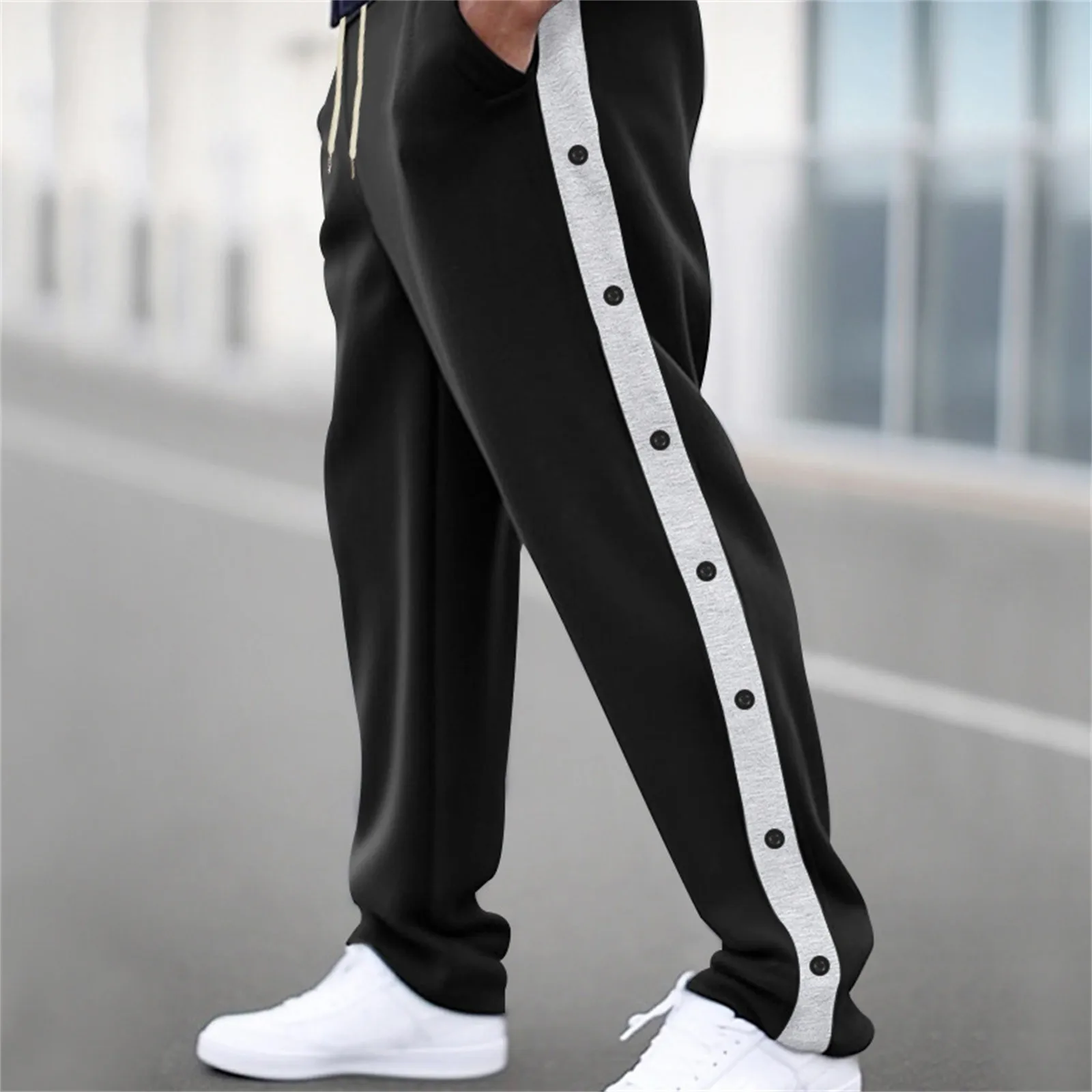 Men's casual pant Autumn loose straight leg wide leg pant with button decoration Drawstring Sweatpant with pocket Daily Outdoor