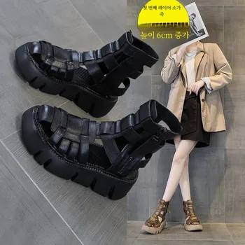 여름 마틴 부츠 정품 가죽 하이 탑 짧은 샌들 속이 빈 세련된 사이드 지퍼 로마 샌들 여성용 