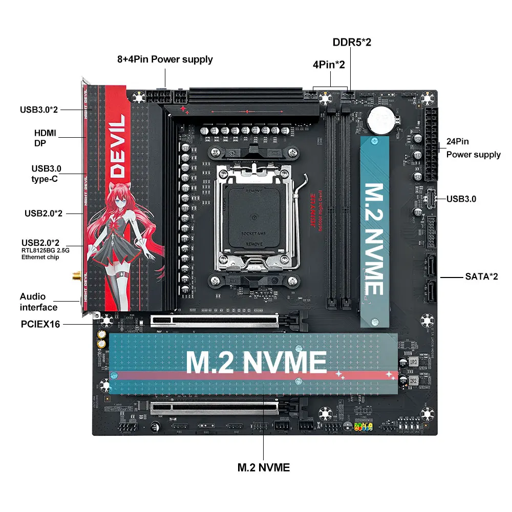 JGINYUE AMD B650M Night Devil 2xDDR5 M.2 NVME 96G Supports AMD AM5 Ryzen 7000/8000/9000 Series Processors M-ATX Motherboard