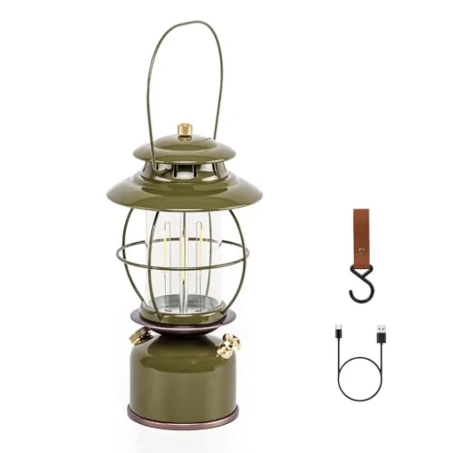 

Camping lantern with metal vintage design, retro bronze finish, 6800mAh rechargeable battery for 17500 hours runtime, dimmable