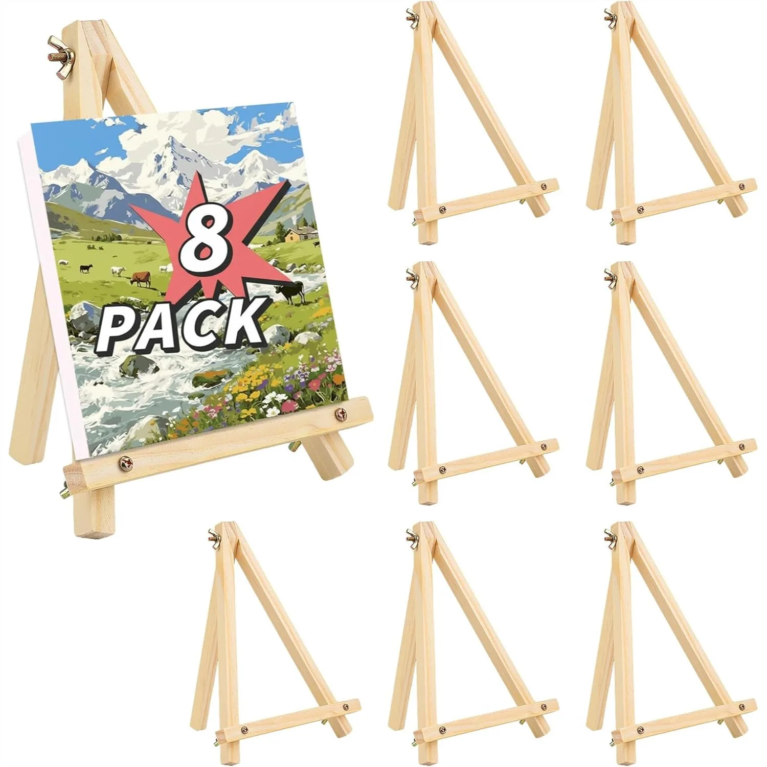 

8 Pack 9 Inch Wooden Easel Stands for Painting, Tabletop Art Easels with Foldable Design for Artists and Students