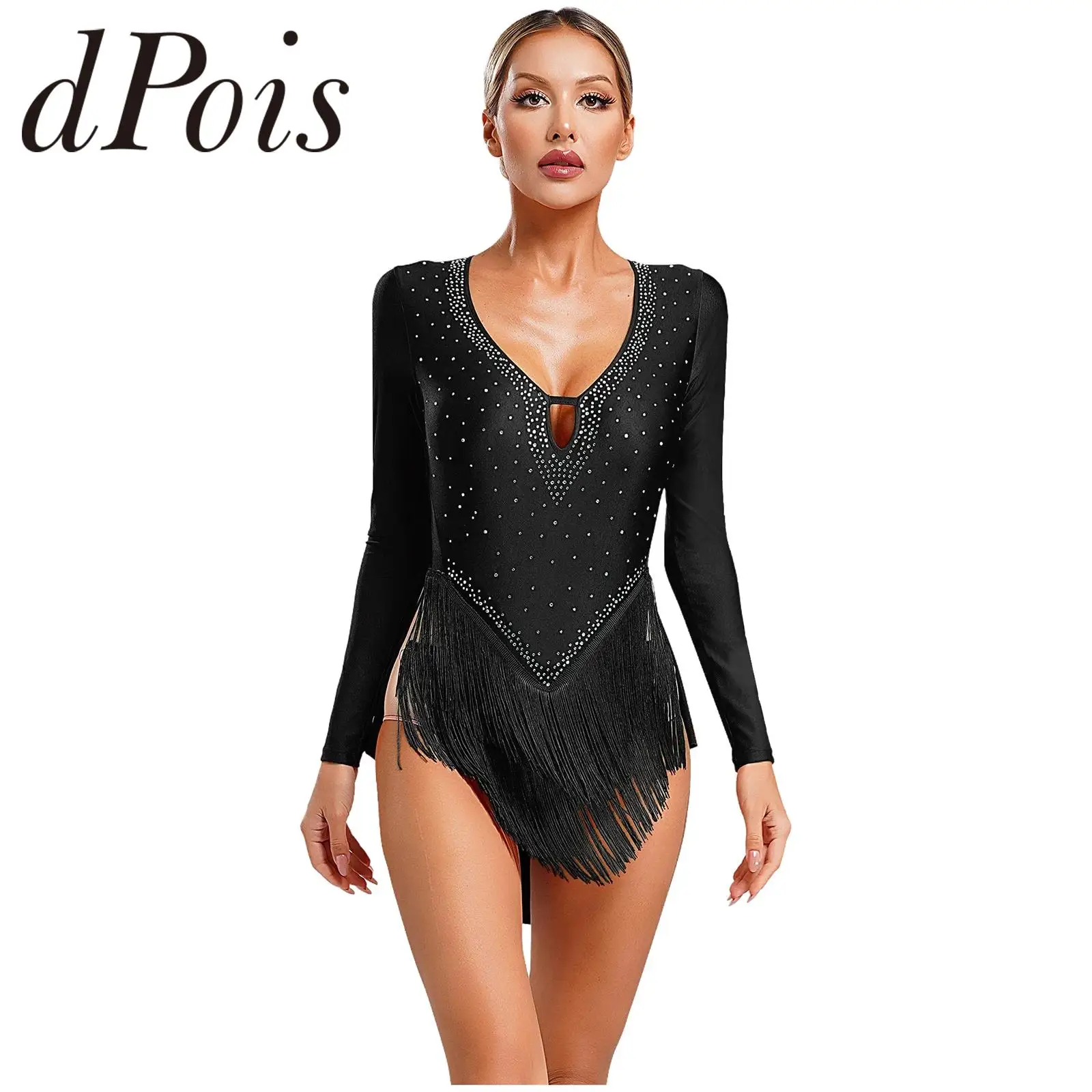 Womens Latin Dance Bodysuit Tassels Rhinestone Fringe Leotard Long Sleeve Backless Sexy Bodysuits Tango Dancewear Chacha Costume