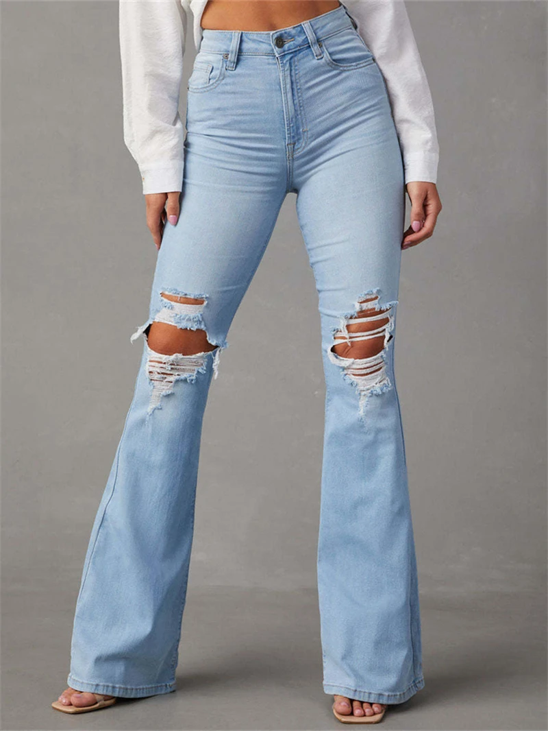 

Streetwear Broken Holes Jeans Summer Clothes Women 2024 High Waist Flare Pants Denim Trousers Vintage Ripped Jeans Denim Pants