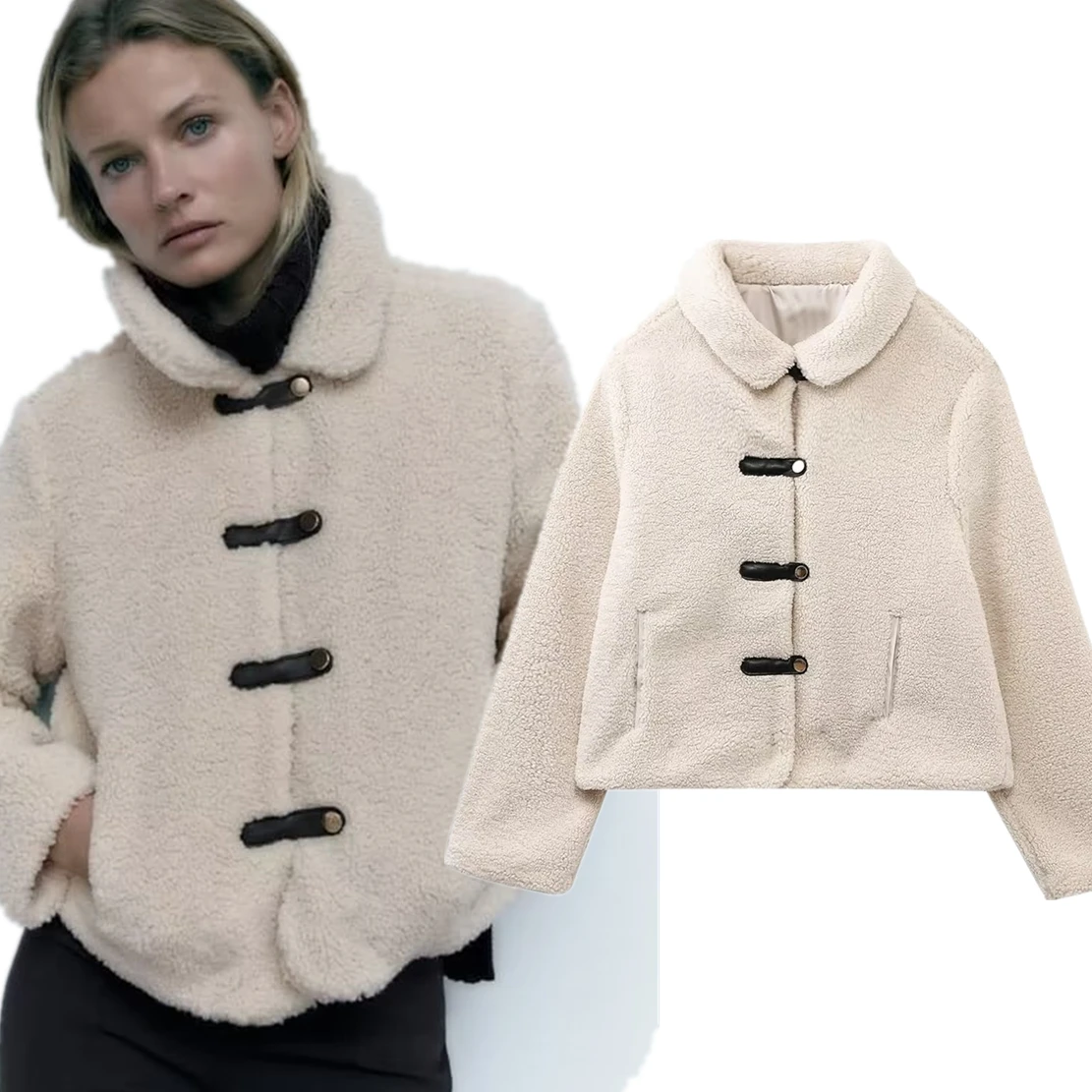 Dave&Di French Fashion Ladies Elegant Beige Fleece  Contrast Single Coat Breasted Round Neck Casual Jacket Women Tops