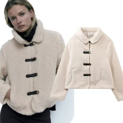 Dave&Di French Fashion Ladies Elegant Beige Fleece  Contrast Single Coat Breasted Round Neck Casual Jacket Women Tops