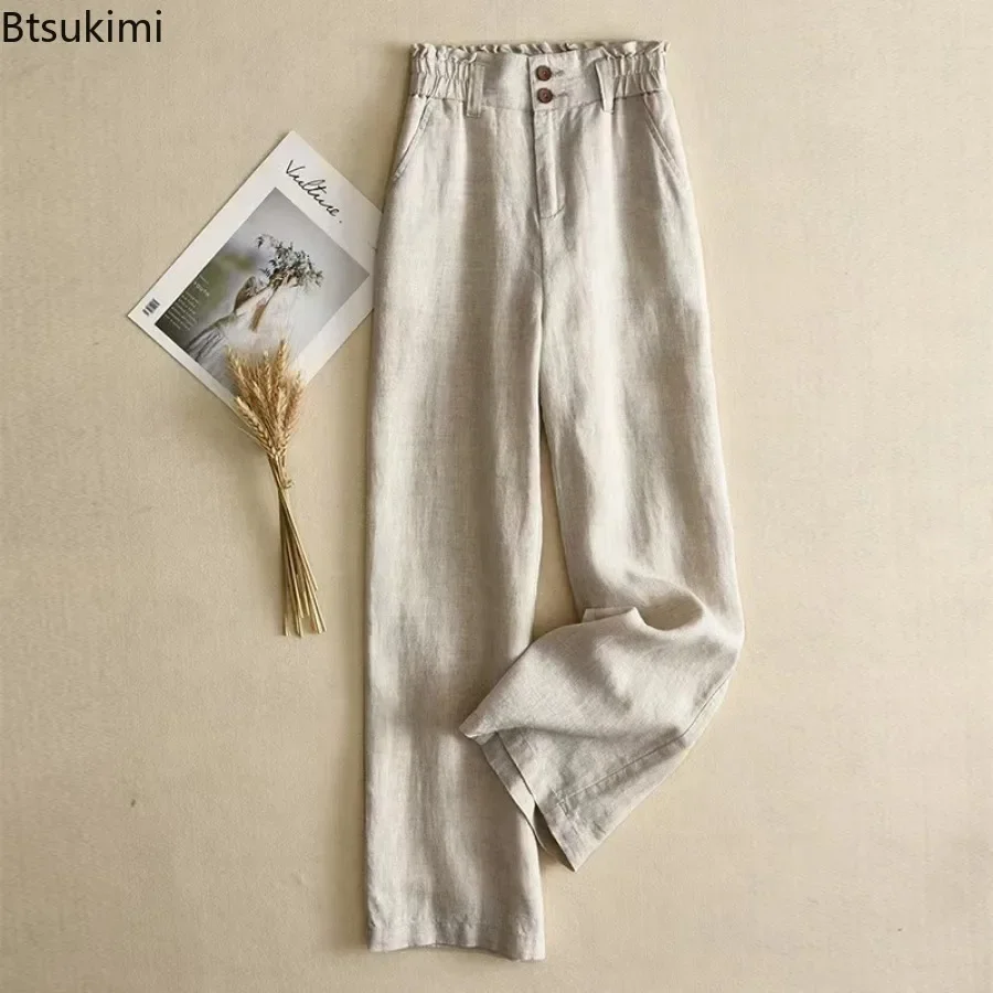 New 2024 Women's Casual Cotton Linen Trousers High Waist Solid Wide Leg Pants Female Spring Summer Ladies Vintage Thin Trousers