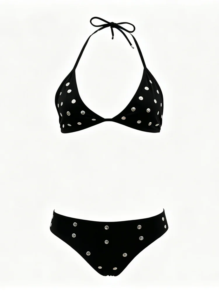 Punk Black Halter Rivet Bikini Women Triangle Cup Tie Back Swimsuit For Beach Vacation