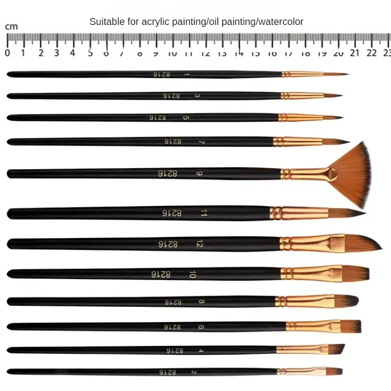 12 PCS Nylon Bristle Brush Set, Nylon Flat Brushes, Watercolor Brushes, Oil Paint, Artists, Amateur Acrylic Painting