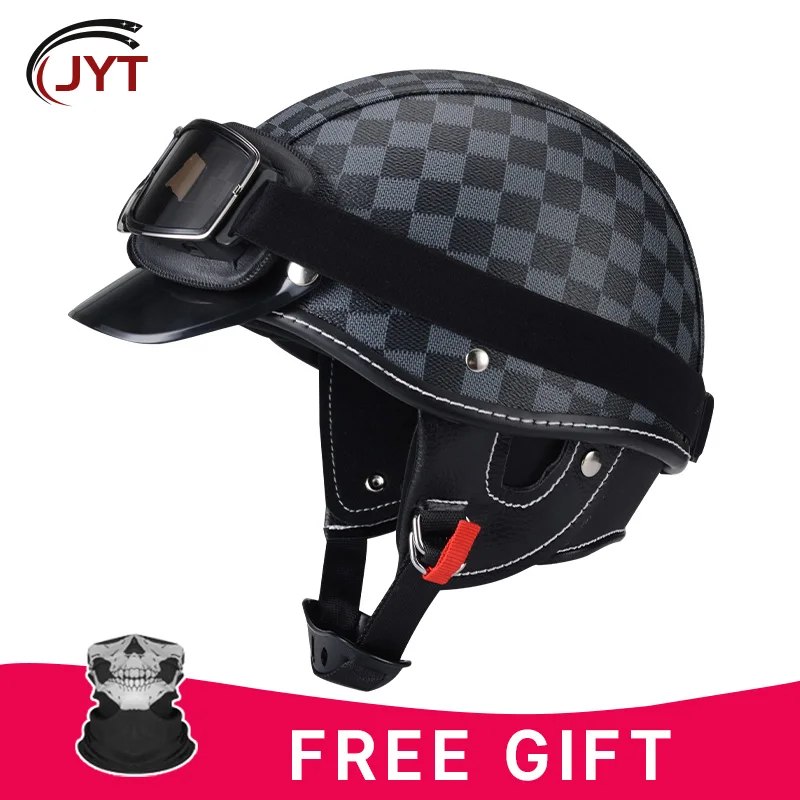 Helm sepeda motor setengah disetujui DOT pria wanita, helm sepeda motor dengan kacamata empat musim profil rendah