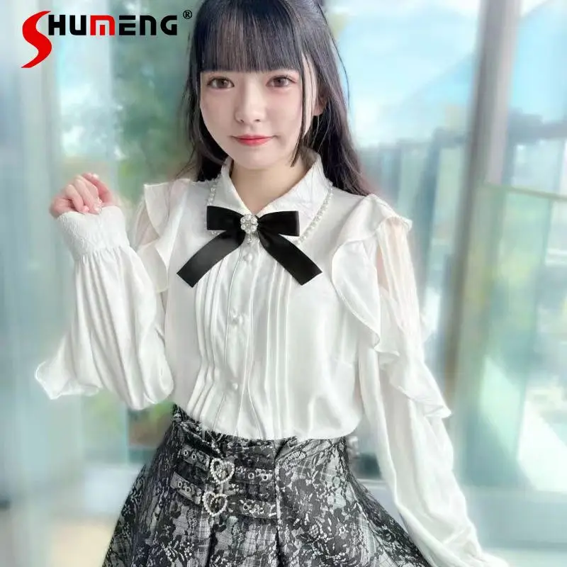 

Japanese Mine Style Mass-produced Pearl Doll Collar Lace Splicing Flying Sleeve Single-breasted Sweet Lolita Shirt Blouse Woman