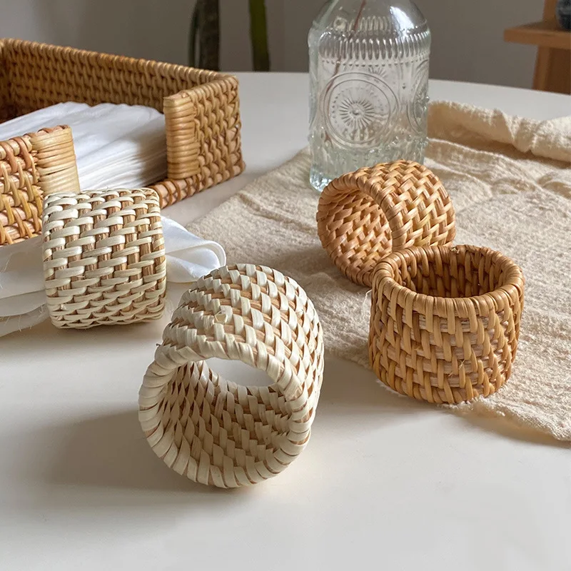 Hot Simple Nordic Handmade Rattan Woven Restaurant Dining Ring, Handmade Tissue Ring, Mouth Cloth Ring, Square Towel Ring