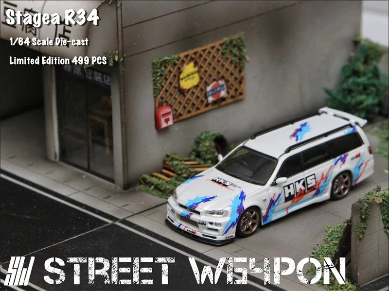 Street Weapon 1:64  STAGEA R34 Silver speed /White HKS limited499 Model Car