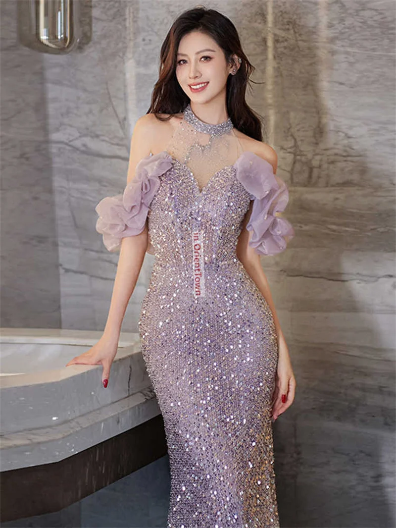 Oriental Hanging Neck Evening Dress Purple Sequin Mermaid Tail High-End Feeling Banquet Dresses Bride Party Toast Gown TP063