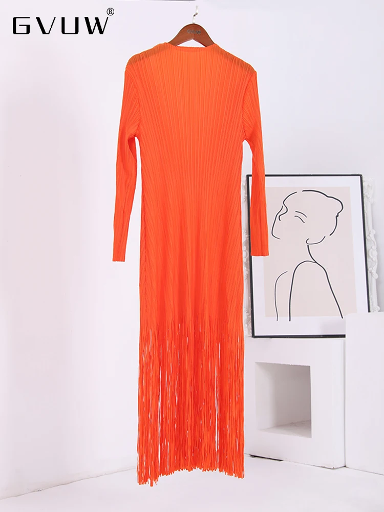 

Плиссированное модное платье GVUW с кисточками, женские платья оранжевого цвета с круглым вырезом и длинным рукавом, женская одежда, весна 2024, новинка 2DA1808
