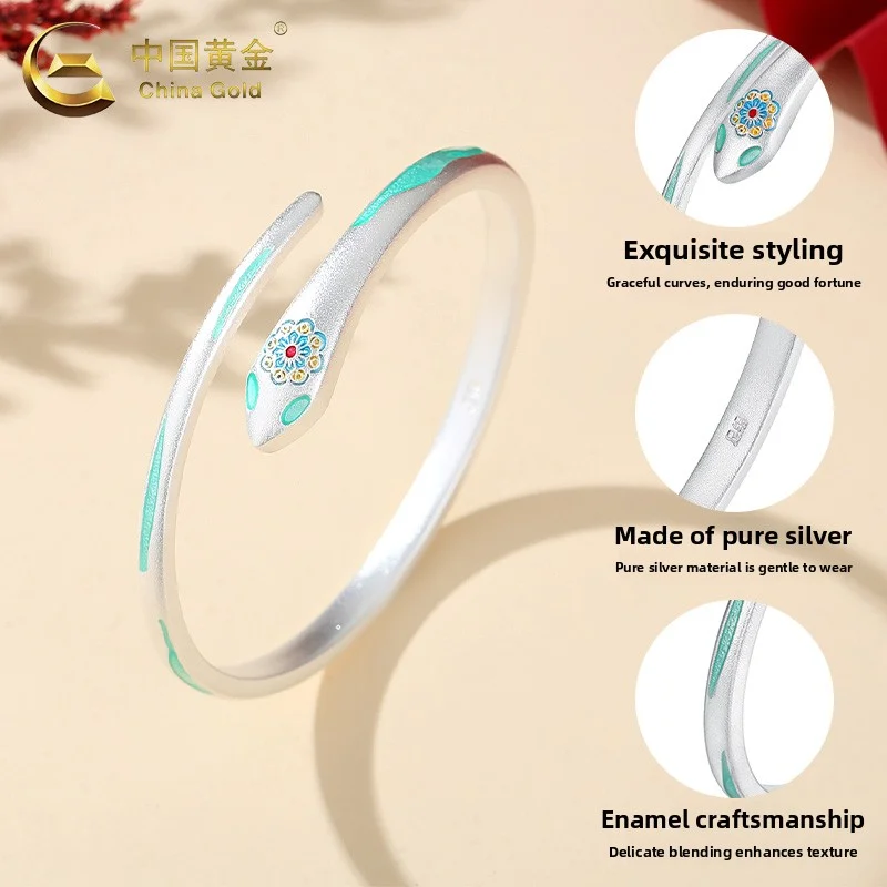 

Женский браслет в форме змеи из чистого серебра S99, элегантный браслет в форме змеи с тенью цветка, элитный ювелирный подарок