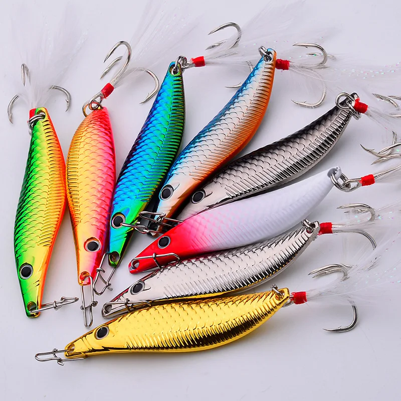 WDAIREN Metal Spinner Sequins Fishing Lure Vibration Spoon Artificial Bait Feather Treble Hooks Jig Wobblers Bass Pesca Tackle