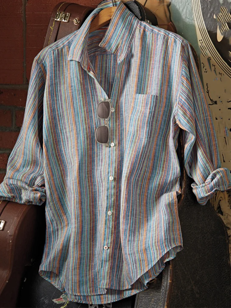 Spring Men's Long Sleeve Casual Style Polyester Material 2025 New Fashion Collar Single breasted Colorful Striped Shirt