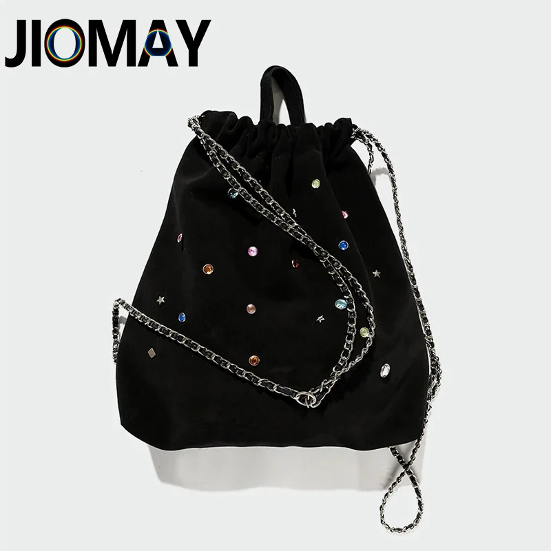 JIOMAY matt Leder Mode Rucksack für Frauen 2023 Dame Designer mehrfarbige Strass steine große Kapazität Kette schwarz Reisetasche