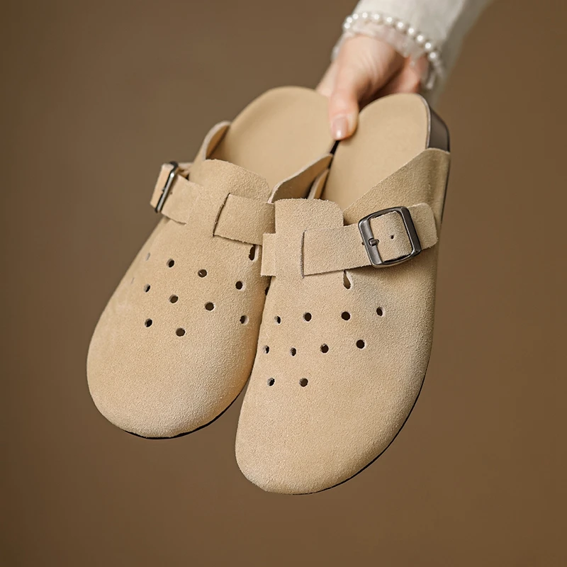 

Women's new summer genuine leather cow suede hollow breathable toe cap metal belt buckle low heel M üller shoes fashion slippers