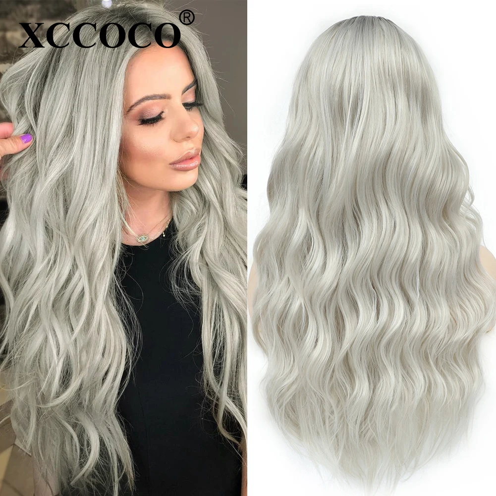 

Synthetic Ombre Grey Platinum Long Wavy Middle Part Hair Wig 28inch Cosplay Wig Heat Resistant Body Wave Synthetic Wig for Women