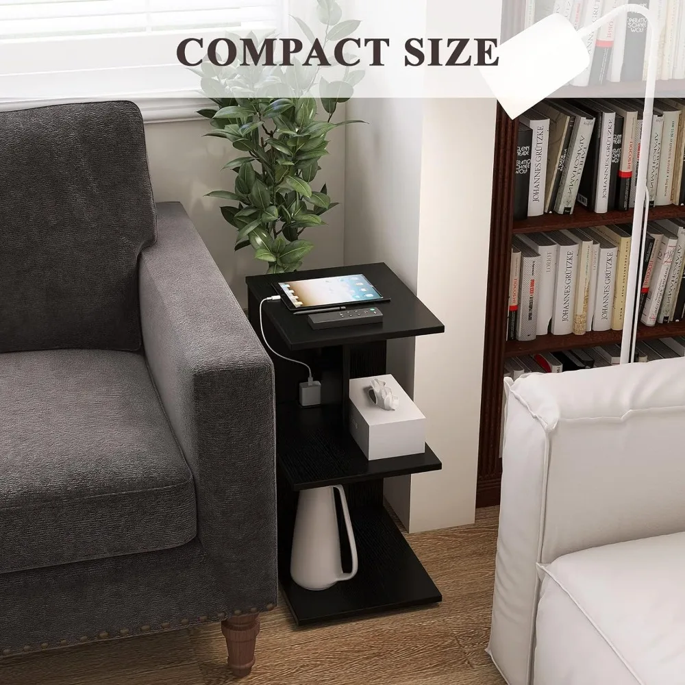 End Table with Charging Station, Narrow Side Tables for Small Spaces USB Ports and Outlets Rolling Bedside Nightstand