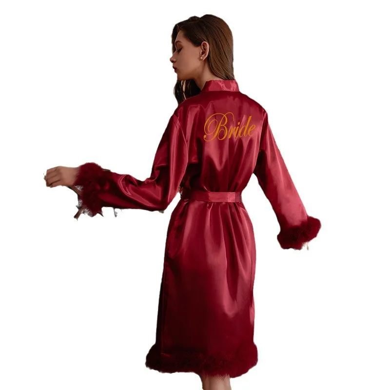 Silky Satin Robe Women's Bathrobe With Feather Sleepwear Bride Morning Gown Nightgown Dress Elegant Wedding Bridesmaid Robe