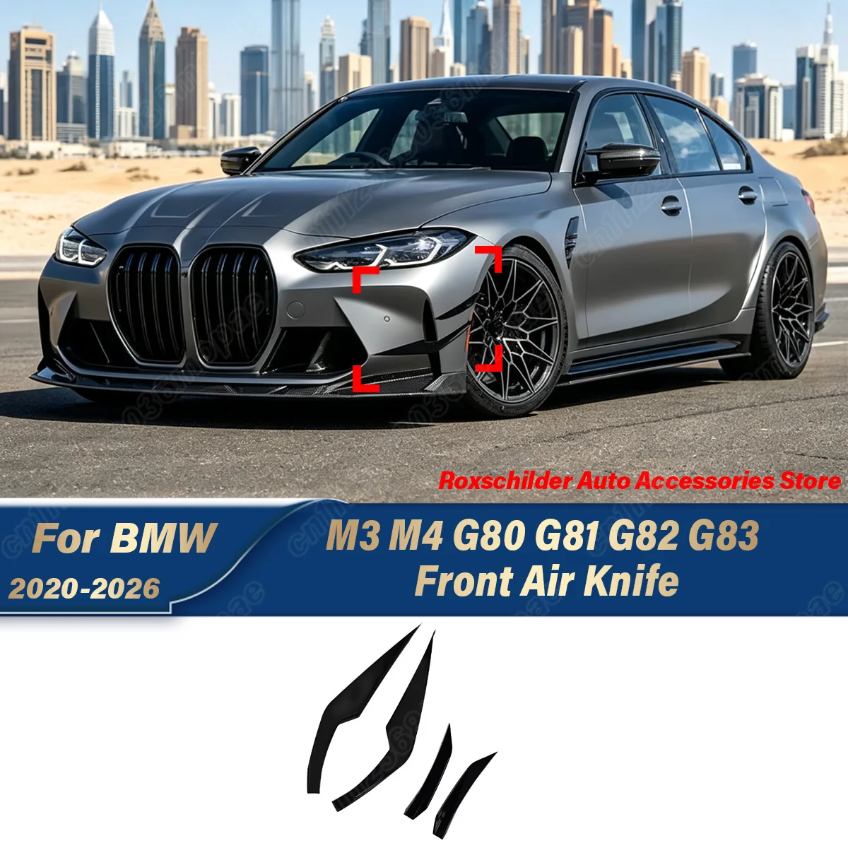For BMW M3 M4 G80 G81 G82 G83 2020 2021 2022 2023 2024 2025 2026 Car Front Air Knife Black Warrior Style Front Splitter Canards