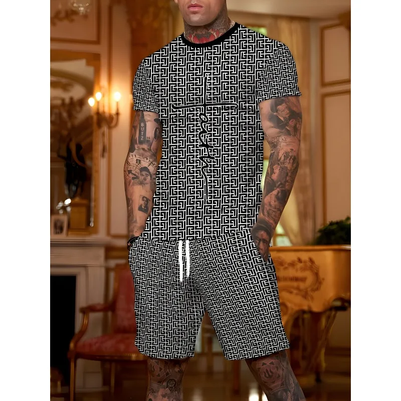 2025 Summer Men's Daily Leisure Sports Street Travel Personalized 3D Printed Round Neck Short Sleeved T-shirt Shorts Set