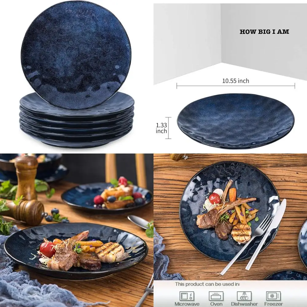 

ceramic dinner plates set, 10.5 inch, set of 6, round, microwave, oven, dishwasher safe, porcelain fluted suitable for steak, p