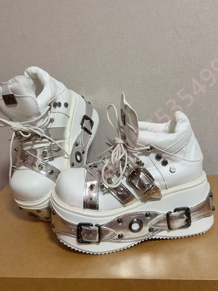 2026 White Silver Punk Platform Ankle Boots Women Spiked Rivet Buckle Lace Up Gothic Y2K Street Style Chunky High Top Shoes view 3