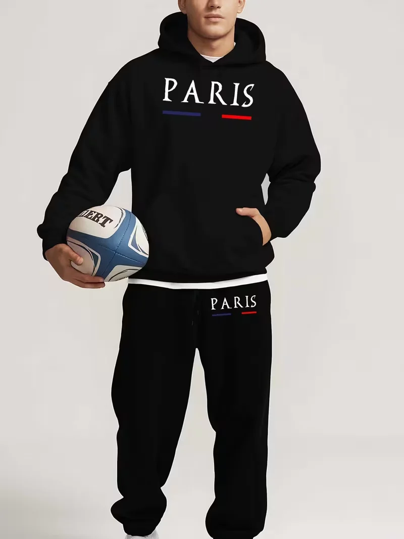 Ensemble de pantalons de sport décontractés à capuche pour hommes, motif lettres parisiennes, collection automne-hiver, deux pièces, pour la course et le quotidien, soldes