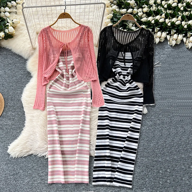 

2025 New Summer Women Long Sleeve Hollow Out Cardigan Tops + Hit Color Striped Knitted Slim Long Strap Dress Two Piece Set