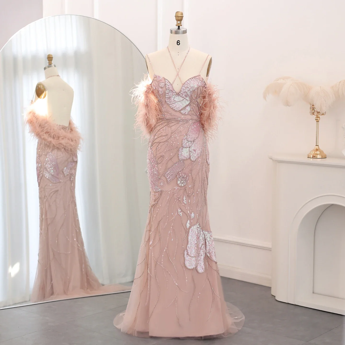 

Sharon Said Luxury Mermaid Pink Evening Dresses with Feathers Scarf Spaghetti Dubai Blue Wedding Prom Gowns SS478 Customized