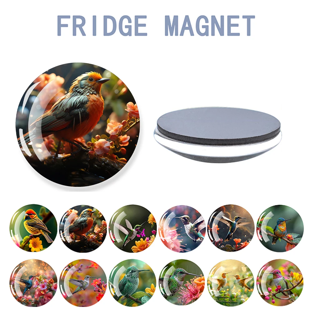 1PC Hummingbird Fridge Magnet Birds and Flowers Glass Dome Refrigerator Magnets Stickers Animal Art Home Decor Accessories
